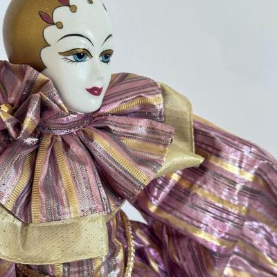 Sale Photo Thumbnail #70: Vintage Porcelain Pierrot Harlequin Posable Clown Doll – Metallic Costume & Gold Shoes
