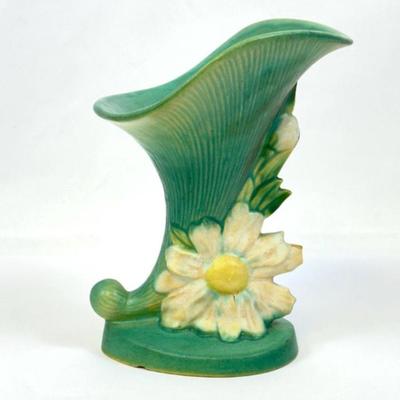 Vintage Roseville Pottery Peony Cornucopia Vase 171-8 – 1940s Art Deco Green Matte Glaze, 8-Inch Floral Ceramic