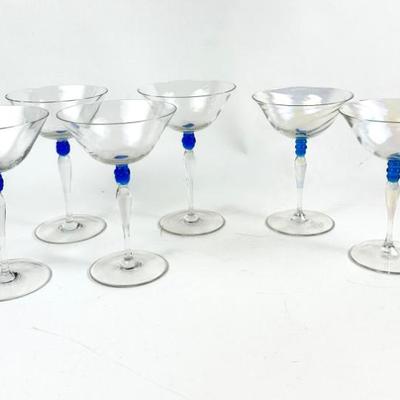 Mid-Century Handblown Crystal Martini Cocktail Glass with Twisted Blue Bead Stem -Unique Murano Optic Swirl (2 Sizes)