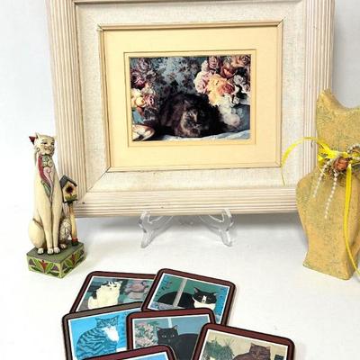 Sale Photo Thumbnail #80: Cat Lovers Lot Includes Tully Cat Figurine by Jim Shore, Framed Print, Cat Drink Coasters and Painted Wood Cat
