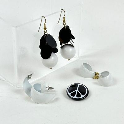 Sale Photo Thumbnail #79: Retro Black and White Earring Collection (3 pairs) and Vintage Metal Peace Sign Pin