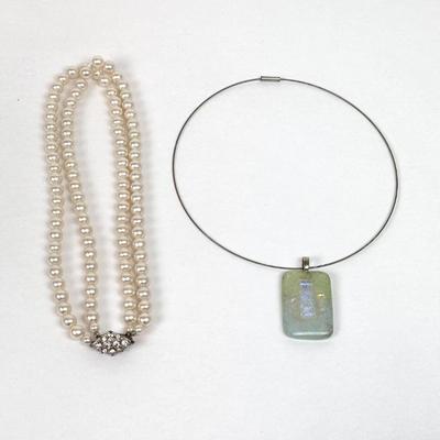 Sale Photo Thumbnail #77: Set of 2 Vintage Necklaces - Cable Choker with Fused Glass Pendant and a Double Strand Faux Pearl with Rhinestone Clasp