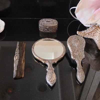 Vintage ornate vanity mirror and brush set