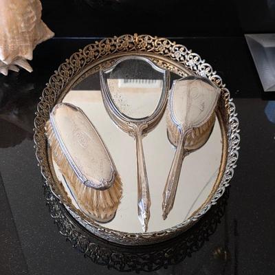 Vintage ornate vanity mirror and brush set