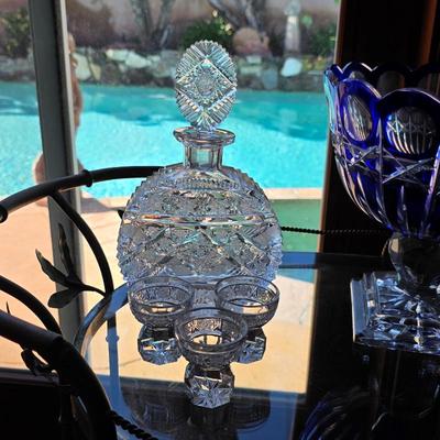 Sale Photo Thumbnail #104: Vintage cut crystal decanter and glasses