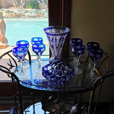 Vintage cobalt blue cut crystal wine glasses, vase, dish