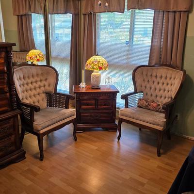 Antique chairs, vintage nightstand, Tiffany style lamp