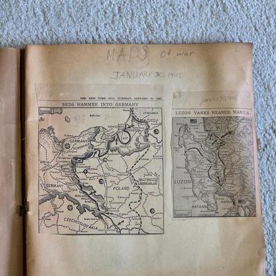 1940s World War II scrapbook, news clippings, pictures