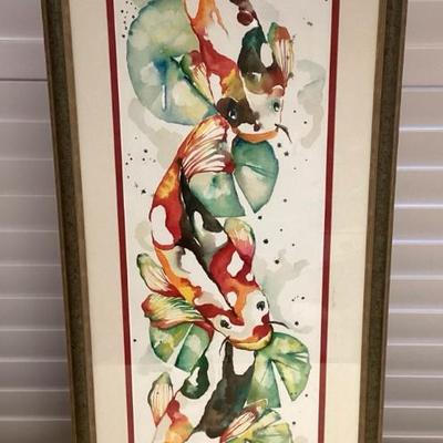 MMM002 Large Framed Original Watercolor Painting Of Koi Fish By Nadine Ramelb 