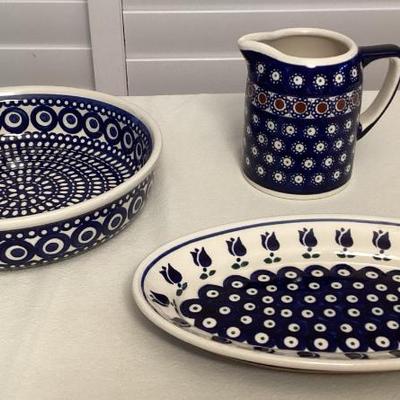 MMM060 Polish Pottery Ceramic Creamer, Baker And Serving Dish