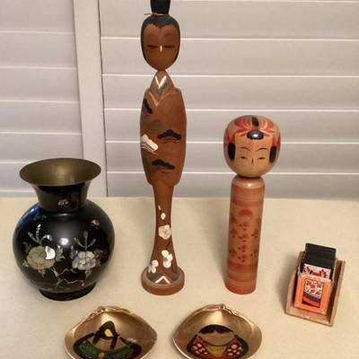MMM109 Japanese Kokeshi Dolls, Shell Dolls, Korean Enameled Brass Vase & More!