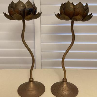 MMM124 Pair Of Vintage Brass Lotus Flower Shaped Lighting Fixtures - As Is