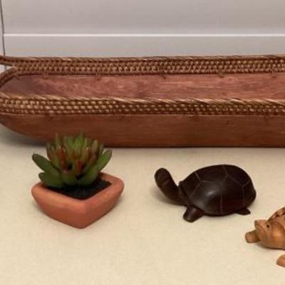 MMM194 Carved Wooden Basket, Turtles, Frog, Elephant & More!