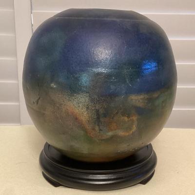 MMM204 Raku Pottery Vase On Wooden Stand 