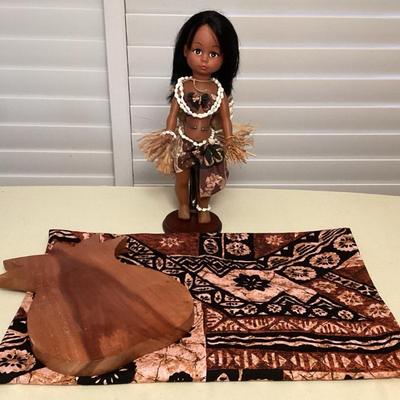MMM199 Vintage Tahitian Doll, Tapa/Kapa Print Tablecloth & Pineapple Cutting Board 