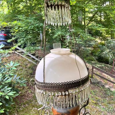 Vintage Hanging Oil Lamp Chandelier with Crystal Prisms