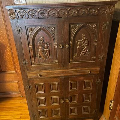 Gothic Antique Carved Oak Cabinet (or Bar Cabinet)