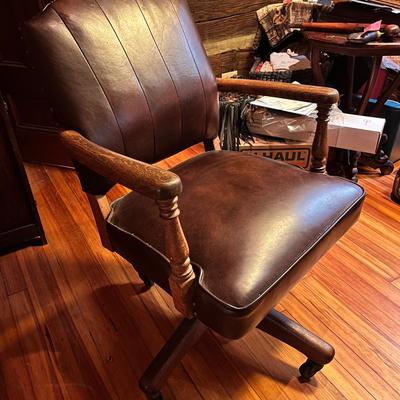 Vintage Brown Leather and Wood Swivel Office Chair 