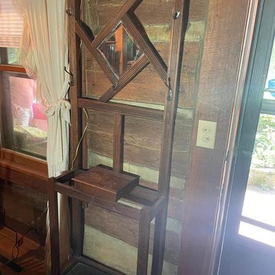Vintage Wooden Hall Tree with Mirror