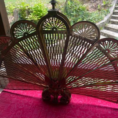 Peacock style Brass fanning fireplace screen and Brass Duck head fireplace tool set with stand