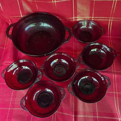 Set Of Red Glass Plates And Bowls