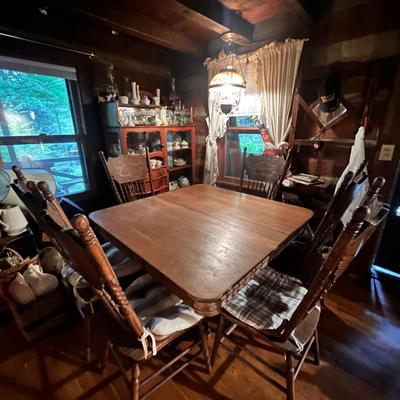 Rustic Wooden Dining Set with Six Spindle-Back Chairs 