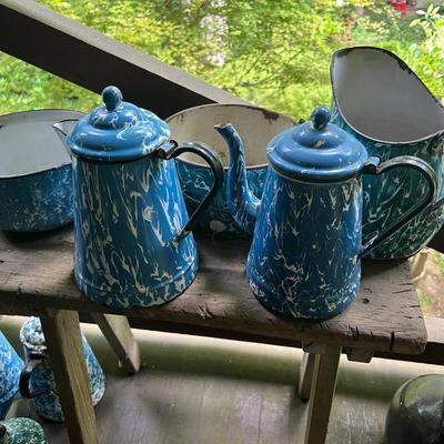 Lot Of 5 Enamelware Graniteware Pots And Coffee Pots