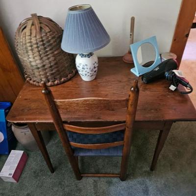 Wooden Table and Chair, Lamp, Basket