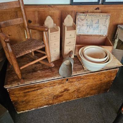 Small Woodem Rocking Chair, Wooden Storage Chest, Stoneware bowls, Frank Siddalls Soap Box