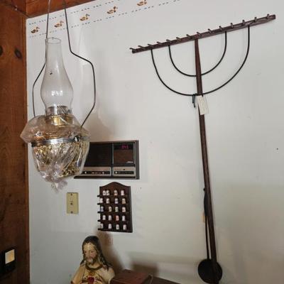 Hanging Oil Lamp, Wood Hay Rake