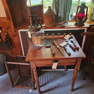 Wood Table/Desk, Wood Storage Box, Jug