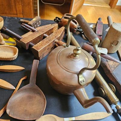 Tea Kettle, Wooden Spoons, Wood Clamps
