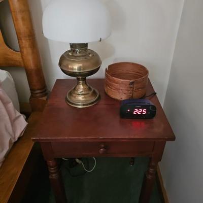 Wood Side Table, Oil Lamp