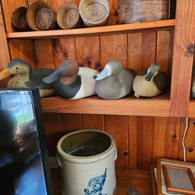 Wood Carved Duck Decoys, Butter Molds, Stoneware