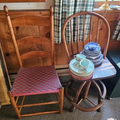 Wood Chair, China Plates, Bowls, Cups