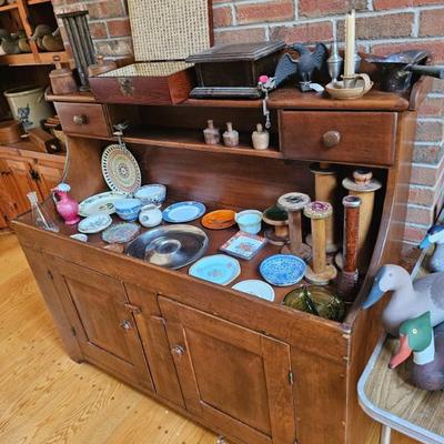 Wooden Hutch, Server, Plates, Butter Bell, Textile Bobbins/Spools