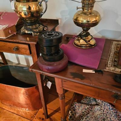 Brass Lamps, Exercise Weights, Wood End Table