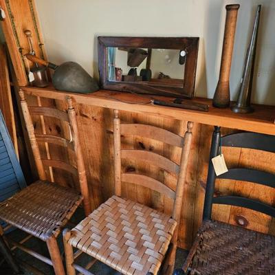 Wood Chairs, Mirror, Metal Scoop
