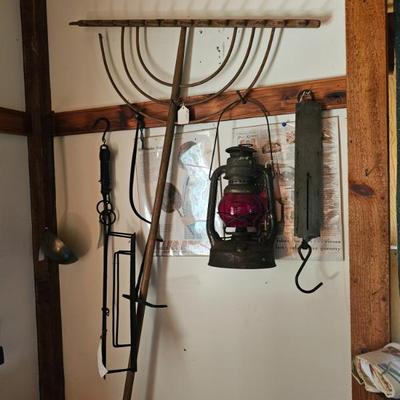 Wood Hay Rake, Railroad Lantern, Scale