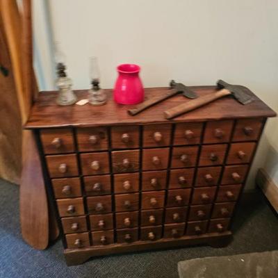 Wooden Drawer Storage, Oil Lamps, Hammer