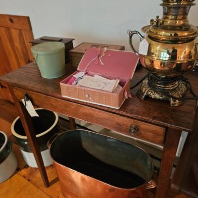 Copper Basin, Wood Table, Lamp