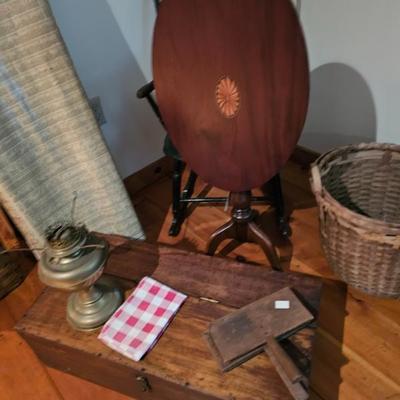 Brass Lamp Base, Wood Storage Box, Flip Top Table