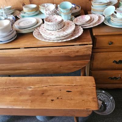 China Set, Wooden Drop Leaf Table and Bench