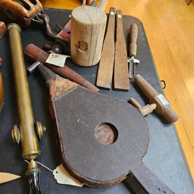 Fireplace Bellows, Block and Tackle Pulley, Wooden Mallet, Chisel