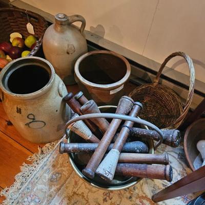 Wooden Spools, Stoneware Jugs, Baskets