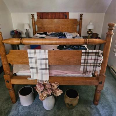 Wooden Bed Frame, Linens, Stoneware pots
