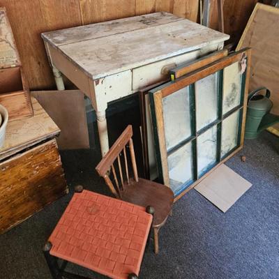 Wooden Desk with Drawer, Wooden Windows, Stool, Small Wood Chair