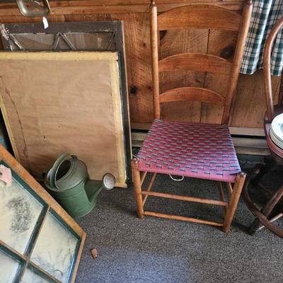 Metal Watering Can, Wood Chair