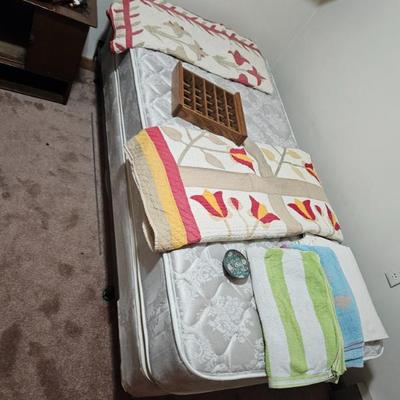 Twin Bed, Quilts, Towels, Wood Storage Shelf