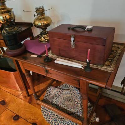 Wood Table, Candlestick holders, Brass Lamp